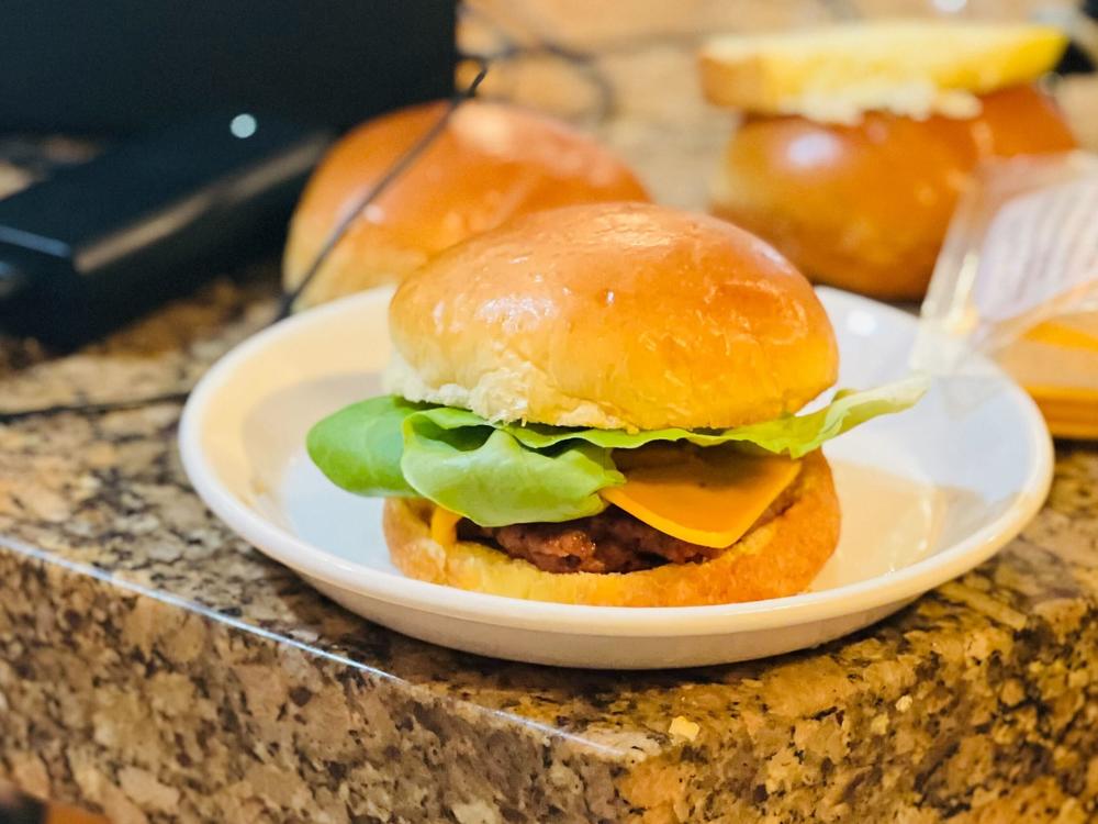 A plant-based burger prepared by A Martínez, one of the hosts of <em>Morning Edition.</em>