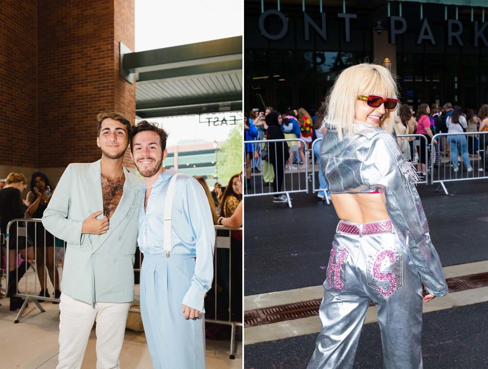 Left: Matthew Slowey and Garett Reed waiting outside the UBS Arena. Right: Abbi Dicenso sporting a custom outfit with the letters 