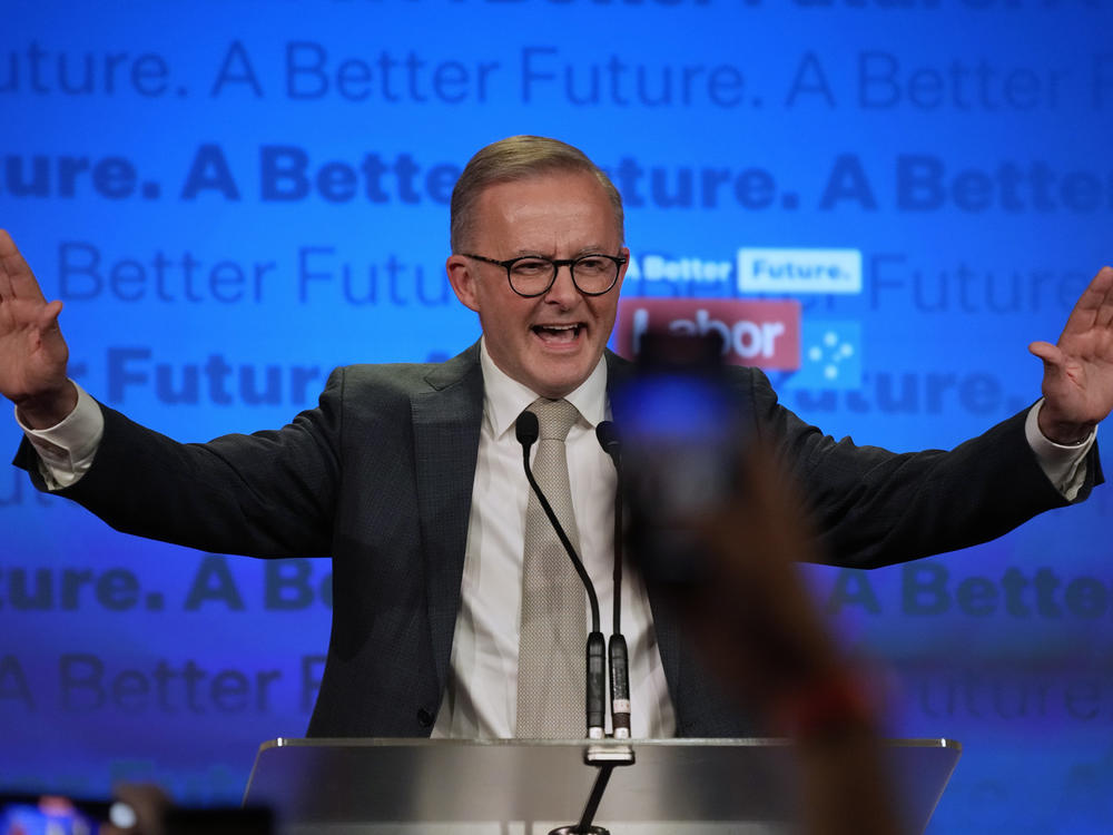 Labor Party leader Anthony Albanese speaks to supporters at a Labor Party event in Sydney, Australia, Sunday, May 22, 2022, after Prime Minister Scott Morrison conceding defeat to Albanese in a federal election.