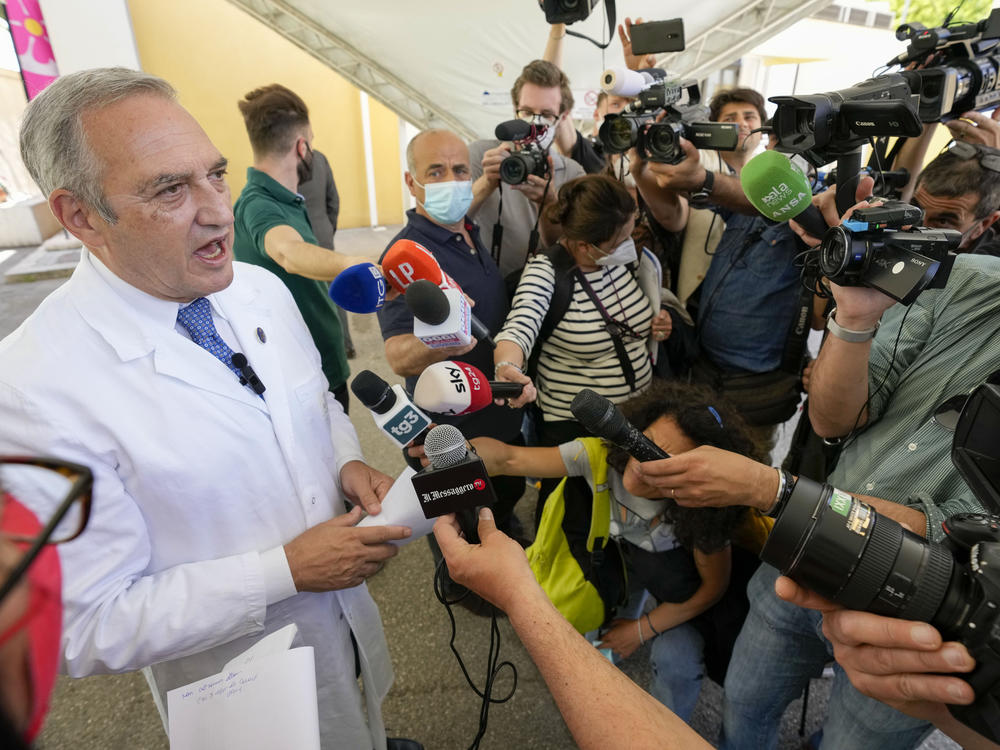Spallanzani infectious disease hospital Director Francesco Vaia talks to reporters at the end of a news conference Friday in Rome.