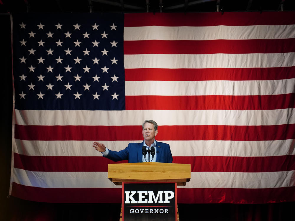 Georgia Republican Gov. Brian Kemp speaks during a campaign rally on the eve of the primary for governor, on Monday in Kennesaw, Ga.