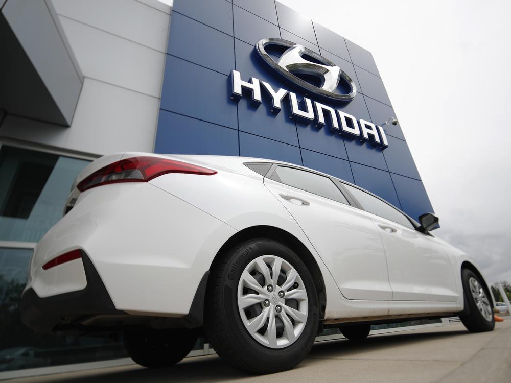 An unsold 2019 Accent sedan sits at a Hyundai dealership in Littleton, Colo. on May 19, 2019. Hyundai is recalling 239,000 cars because the seat belts can explode and injure vehicle occupants.