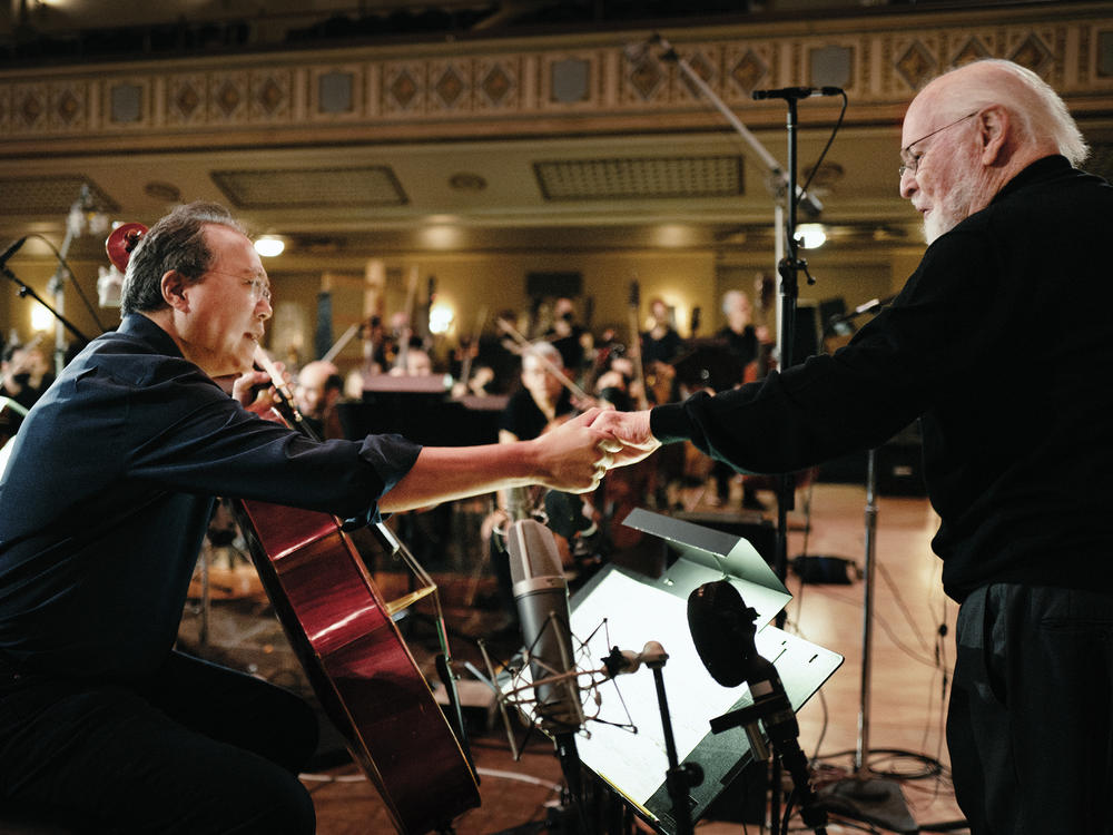 Cellist Yo-Yo Ma, left, with composer John Williams, right. The pair recently released a collaborative recording, <em>A Gathering of Friends</em>, with the New York Philharmonic.