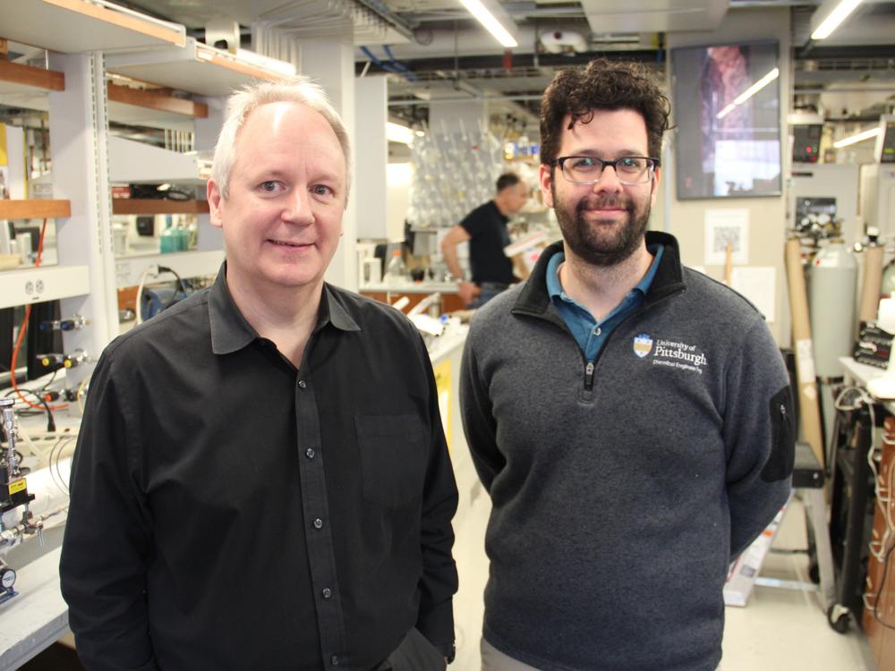 Goetz Veser and James McKone at their lab at the University of Pittsburgh, where the two scientists research hydrogen-related projects.