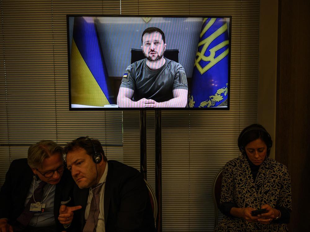 Ukrainian President Volodymyr Zelenskyy delivers a statement by videolink during an event on the sidelines of the World Economic Forum annual meeting in Davos on Wednesday.