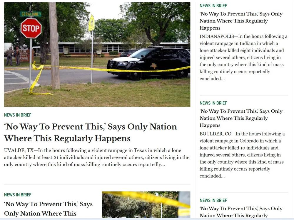 On Wednesday, The Onion's website was plastered with variations of the satirical piece it's republished after more than 20 mass shootings.