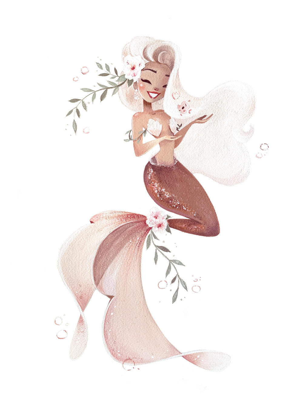 Artist Liana Hee has been using gouache paints to create her mermaids, like this one from 2021 titled <em>Amaryllis.</em>