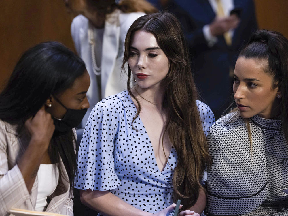 Gymnasts, from left, Simone Biles, McKayla Maroney and Aly Raisman at a Senate Judiciary hearing about a report on the FBI's handling of the Larry Nassar investigation on Sept. 15, 2021.