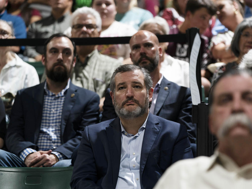 Sen. Ted Cruz, R-Texas, attends a prayer vigil in Uvalde, Texas, Wednesday, May 25, 2022. The vigil was held to honor the victims killed in Tuesday's shooting at Robb Elementary School.