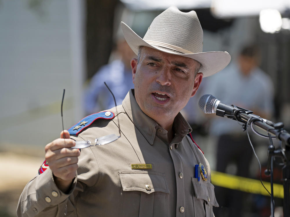 Victor Escalon, regional director of the Texas Department of Public Safety South, speaks during a news conference outside of Robb Elementary School in Uvalde, Texas, on Thursday.