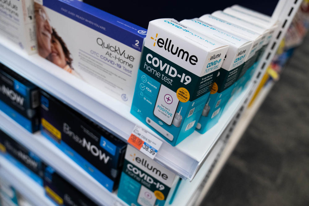 Ellume COVID-19 home tests are seen at a CVS in the Navy Yard neighborhood of Washington, D.C., where senior citizens received free tests that are covered by Medicare on April 4.