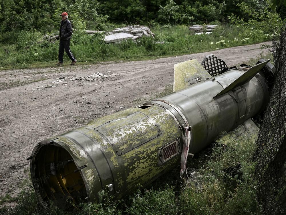 A missile lies on the ground in the city of Lysychansk, in the eastern Ukrainian region of Donbas, on Thursday. Ukraine said the war in the region hit maximum level.