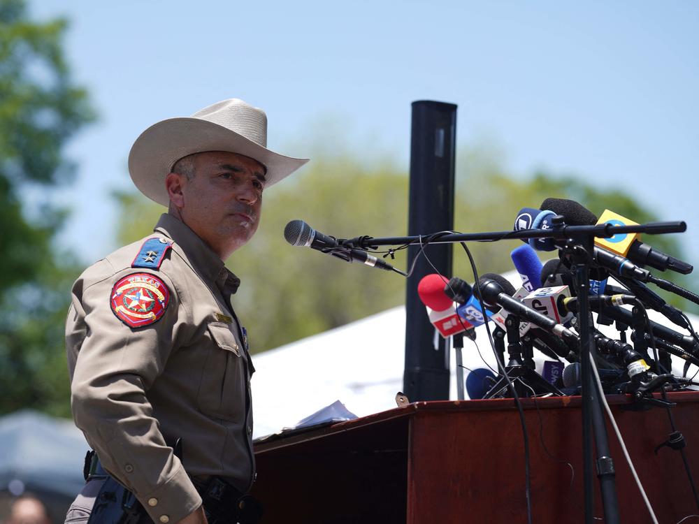 Victor Escalon, a regional director with the Texas Department of Public Safety, gives a news conference in Uvalde on Thursday.