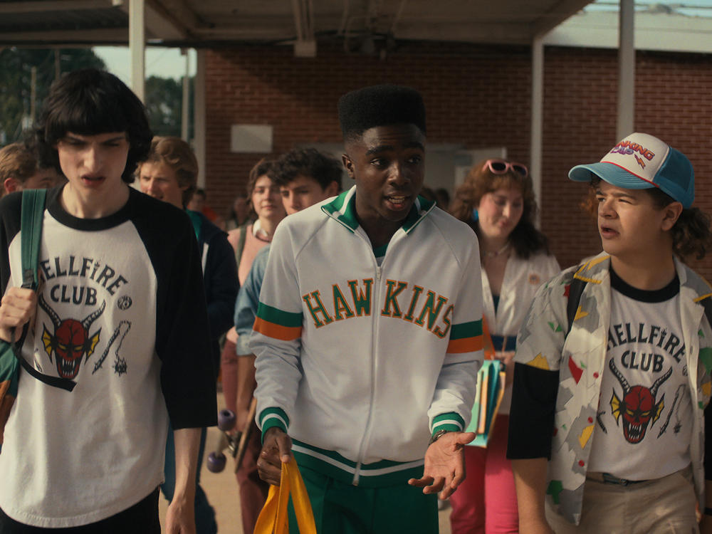 Finn Wolfhard as Mike, Caleb McLaughlin as Lucas and Gaten Matarazzo as Dustin.