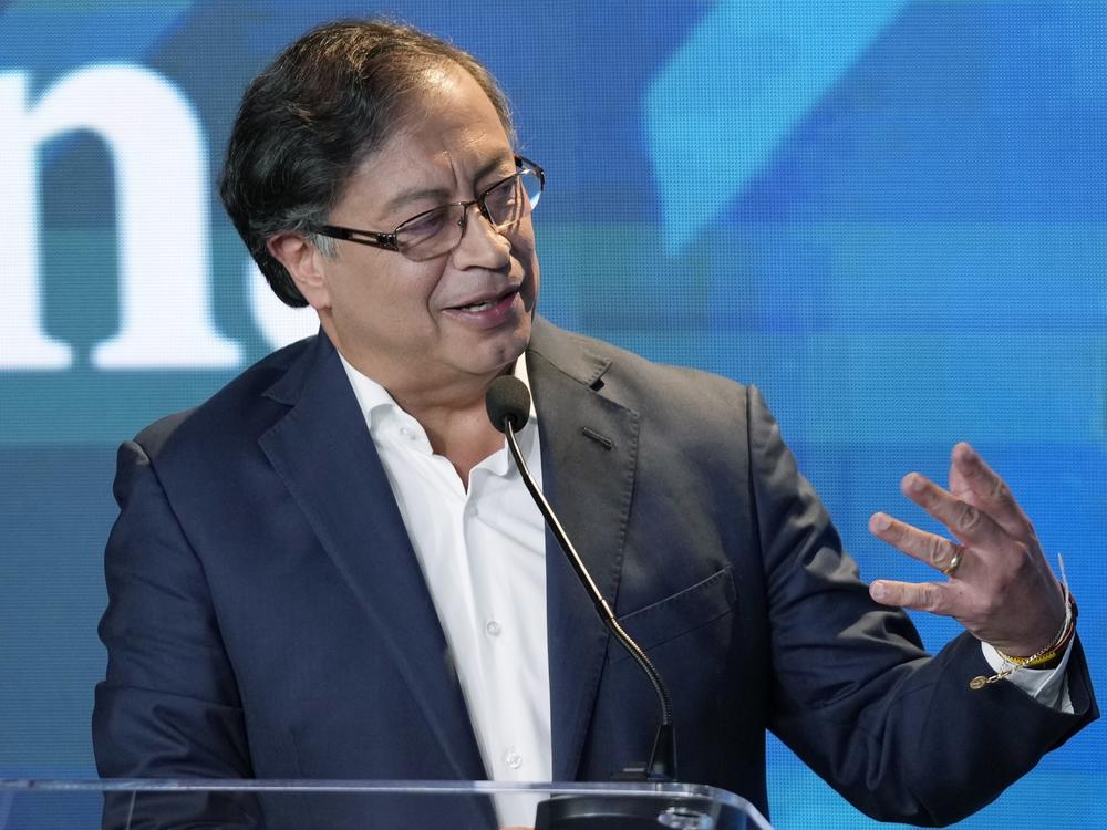 Presidential candidate Gustavo Petro talks during a presidential debate at the <em>El Tiempo</em> newspaper in Bogotá on Monday, ahead of the first-round May 29 elections.