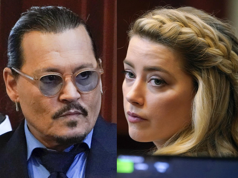 This combination of two separate photos shows actors Johnny Depp, left, and Amber Heard in the courtroom for closing arguments at Fairfax County Circuit Court in Fairfax, Va. on Friday.