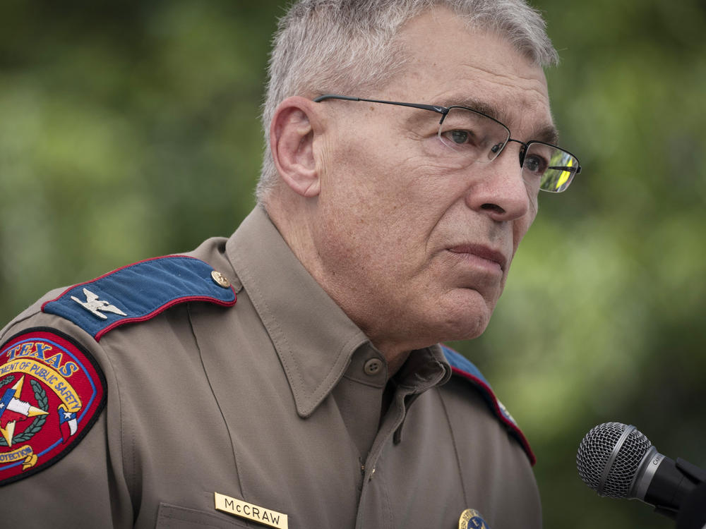 Texas Department of Public Safety Director Steven McCraw speaks during a press conference held outside Robb Elementary School on Friday in Uvalde, Texas.