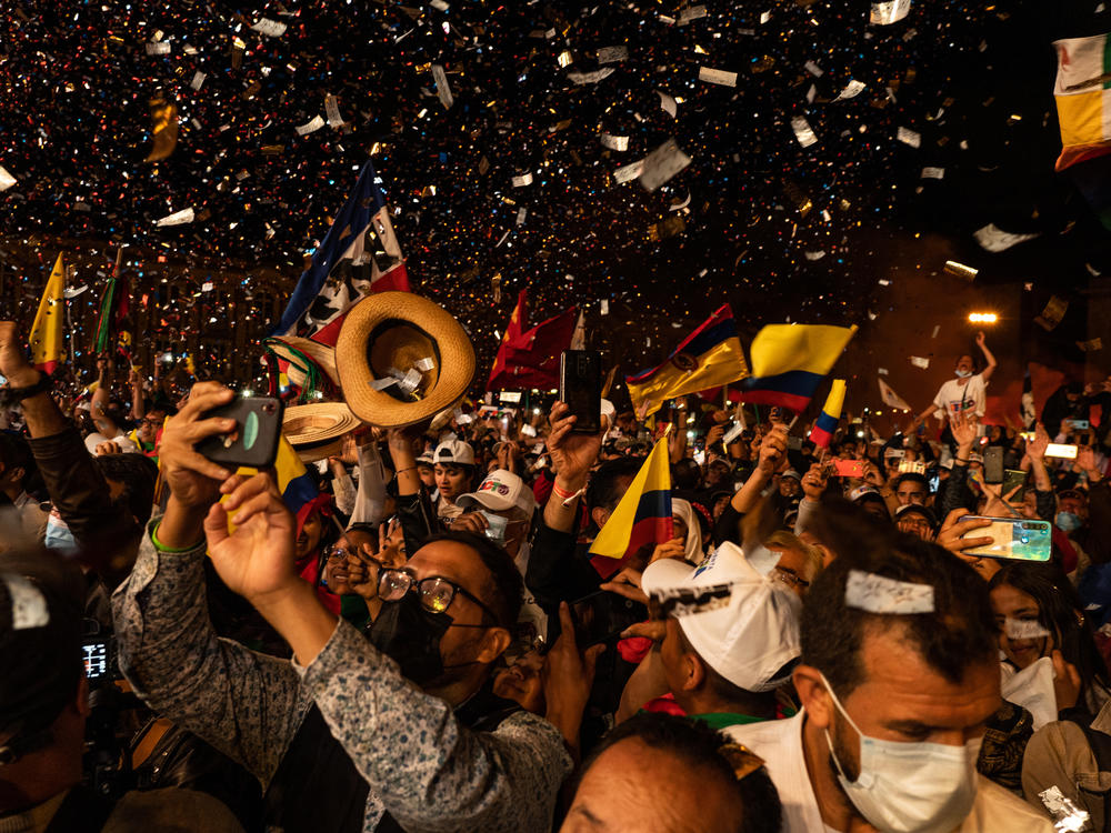 Attendees during a closing campaign rally for presidential candidate Gustavo Petro in Bogotá, Colombia. Petro is ahead in the polls for this Sunday's election, but it's expected to go to a second round in June.