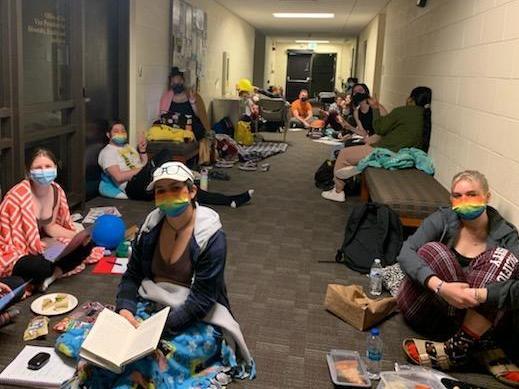 Students gather a sit-in at Seattle Pacific University on May 26, 2022.