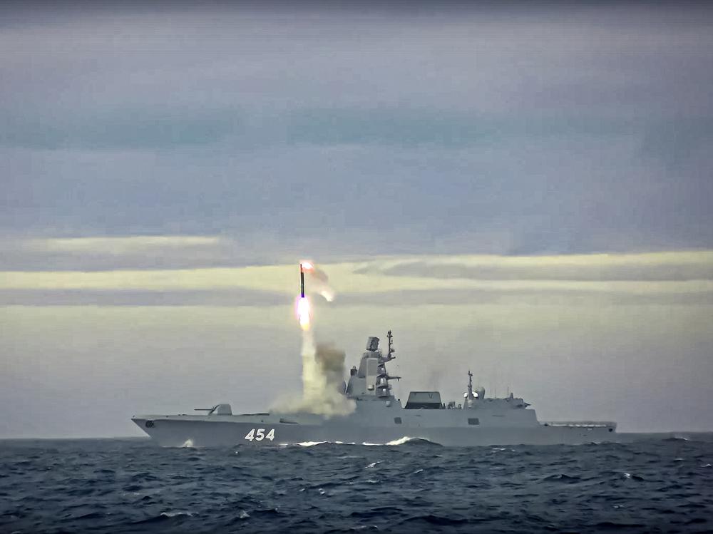 In this image taken from video released by Russian Defense Ministry Press Service on Saturday, a new Zircon hypersonic cruise missile is launched by the frigate Admiral Gorshkov of the Russian navy from the Barents Sea.