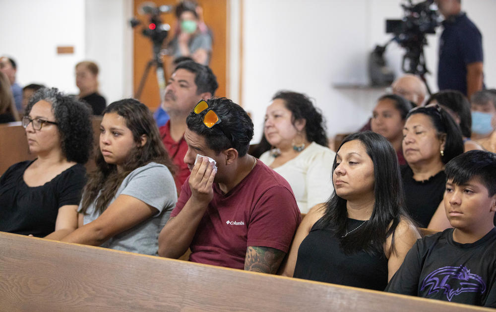 Church members mourn at Primera Iglesia Bautista in Uvalde on Thursday.