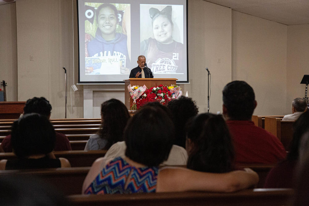 Community members mourned at Primera Iglesia Bautista on Thursday as retired pastor Julián Moreno, great-grandparent of one of the victims of the Robb Elementary School shooting, preaches.