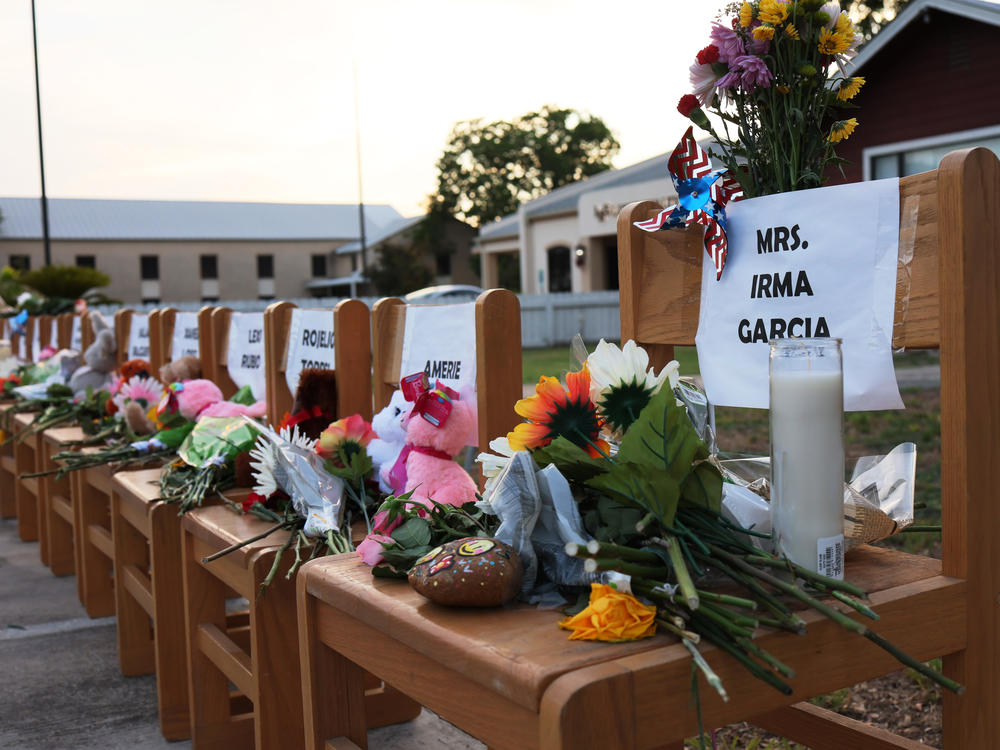 A memorial for the Robb Elementary School victims outside of Little Coyotes Day Care Center in Uvalde, Texas. Since Wednesday, another eight people have been killed and 45 injured in mass shootings.