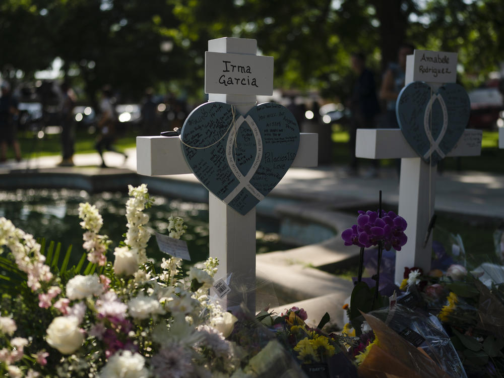 A memorial for Irma Garcia, a fourth-grade teacher killed in last week's school shooting in Uvalde, Texas. Her husband, Joe, died of a heart attack two days later.