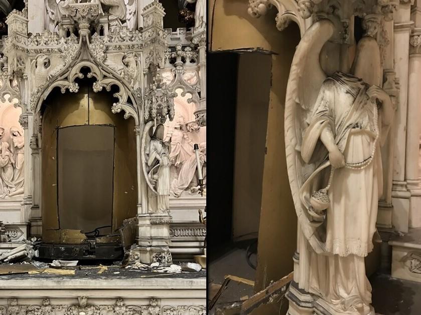 This image provided by the New York City Police Department shows a missing tabernacle and damaged angel statue in St. Augustine's Roman Catholic Church in Brooklyn's Park Slope neighborhood in New York, which was stolen between Thursday and Saturday.