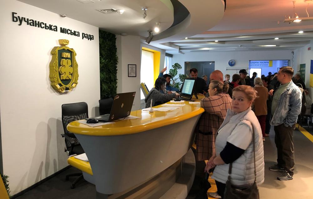 Bucha's City Hall is busy every day with residents seeking housing, help in rebuilding their damaged homes and businesses, and other services.