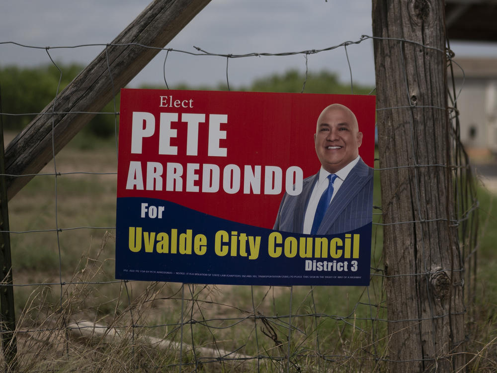 A campaign sign for Pete Arredondo, the chief of police for the Uvalde Consolidated Independent School District, is seen in Uvalde, Texas, on Monday.