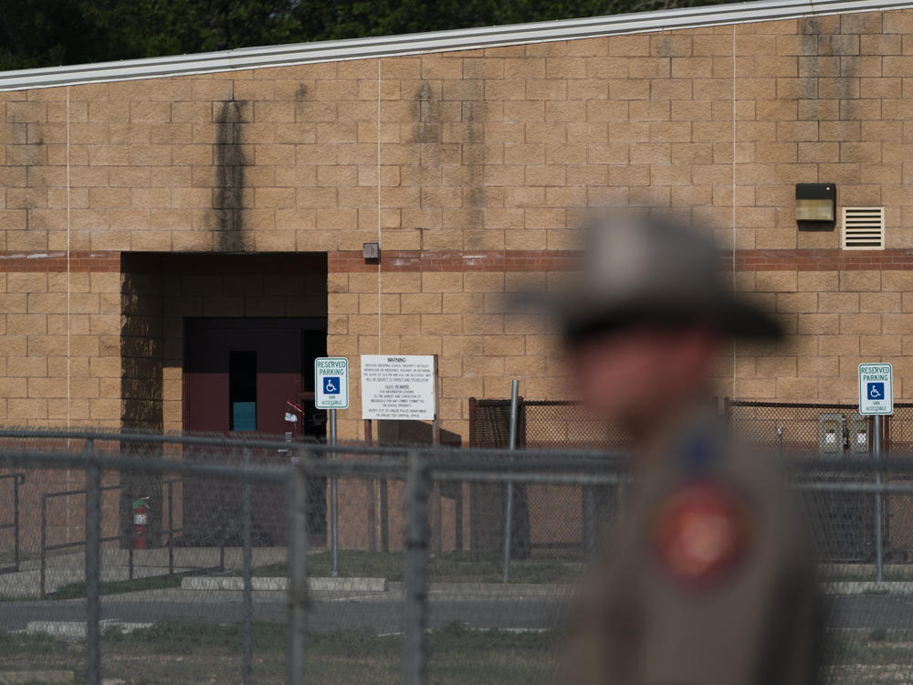 A back door at Robb Elementary School, where a gunman entered through to get into a classroom in last week's shooting, is seen in Uvalde, Texas, on Monday.