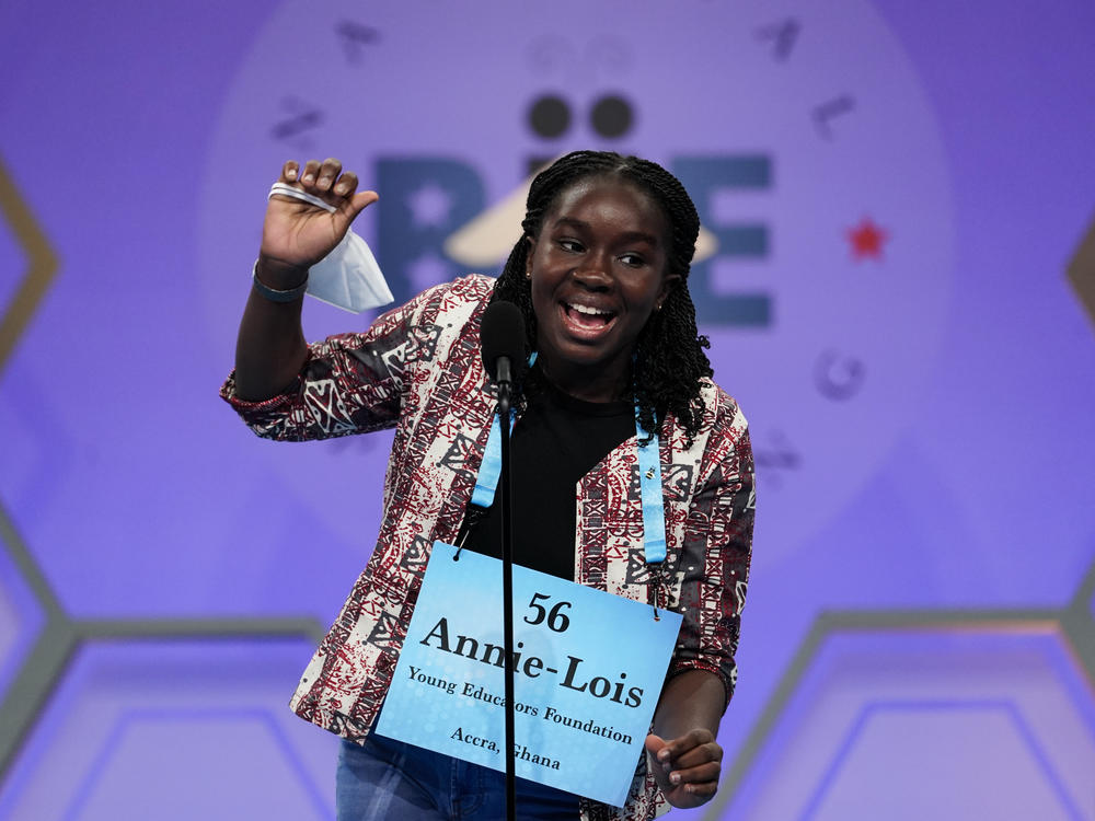 Annie-Lois Acheampong, 13, from Accra, Ghana, reacts during the Scripps National Spelling Bee on Tuesday in Oxon Hill, Md.