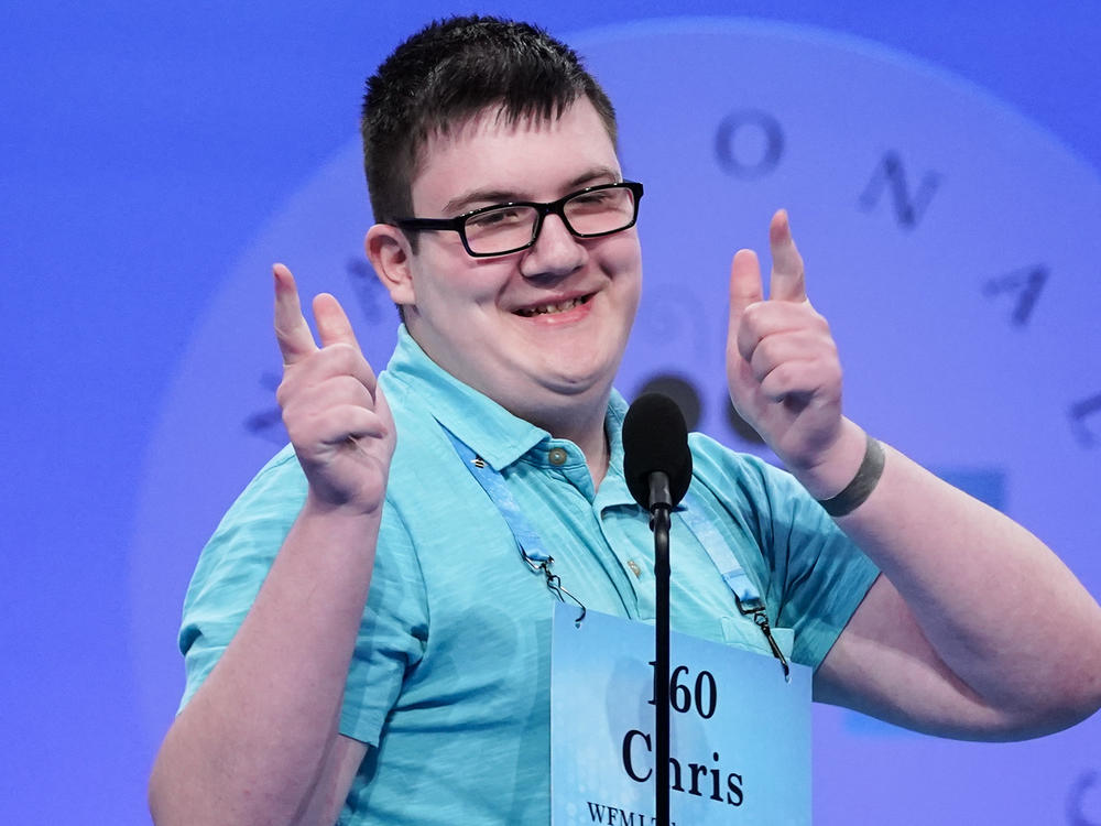 Chris Dominick, 14, from Struthers, Ohio, reacts after answering correctly to advance to the next round during the Scripps National Spelling Bee, on Tuesday in Oxon Hill, Md.