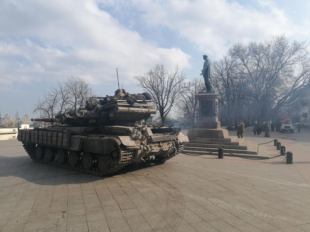 A Ukrainian tank sits near the Potemkin Stairs in the center of Odesa after Russia's invasion of Ukraine began on Feb. 24.