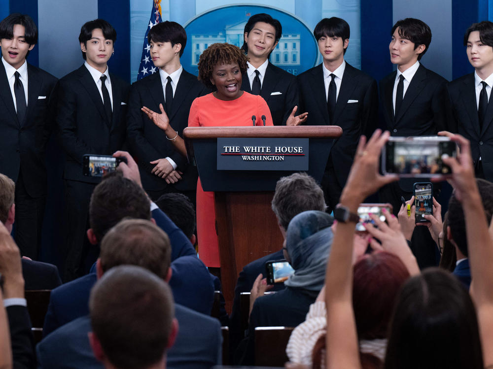 Korean band BTS appears at the daily press briefing with Press Secretary Karine Jean-Pierre, to discuss Asian inclusion and representation, and addressing anti-Asian hate crimes and discrimination.