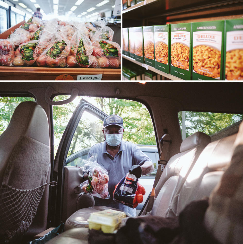 Inflation and supply chain problems mean food banks are having to buy more items on the open market, and some foods — such as pasta — can take months to arrive. Retired forklift driver Robert Walton loads his car outside a Norfolk food pantry. He shares some food with neighborhood children who he worries are missing meals.