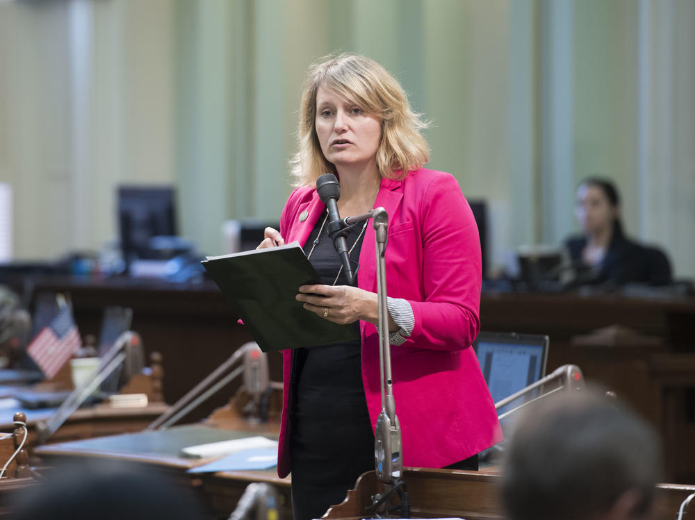 California Assembly member Buffy Wicks, a Democrat, speaks on the chamber floor in January 2020. In 2019, on the 46th anniversary of Roe v. Wade, she told the story of her own abortion.