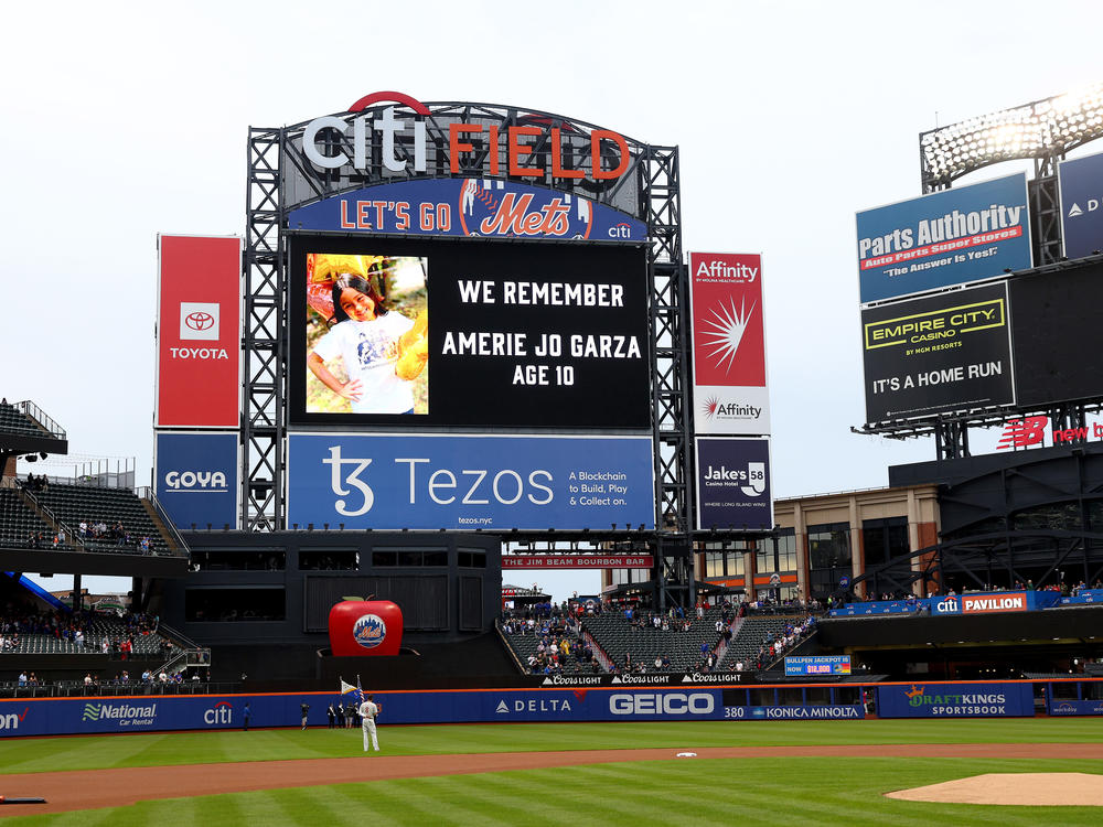 Amerie Jo Garza's name is displayed before the game between the New York Mets and the Philadelphia Phillies at Citi Field on May 27, 2022 in the Queens borough of New York City.