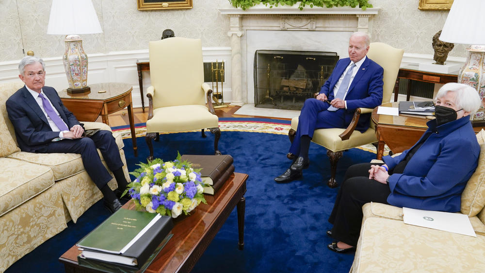 President Joe Biden meets with Federal Reserve Chairman Jerome Powell, left, and Treasury Secretary Janet Yellen in the Oval Office of the White House on Tuesday.