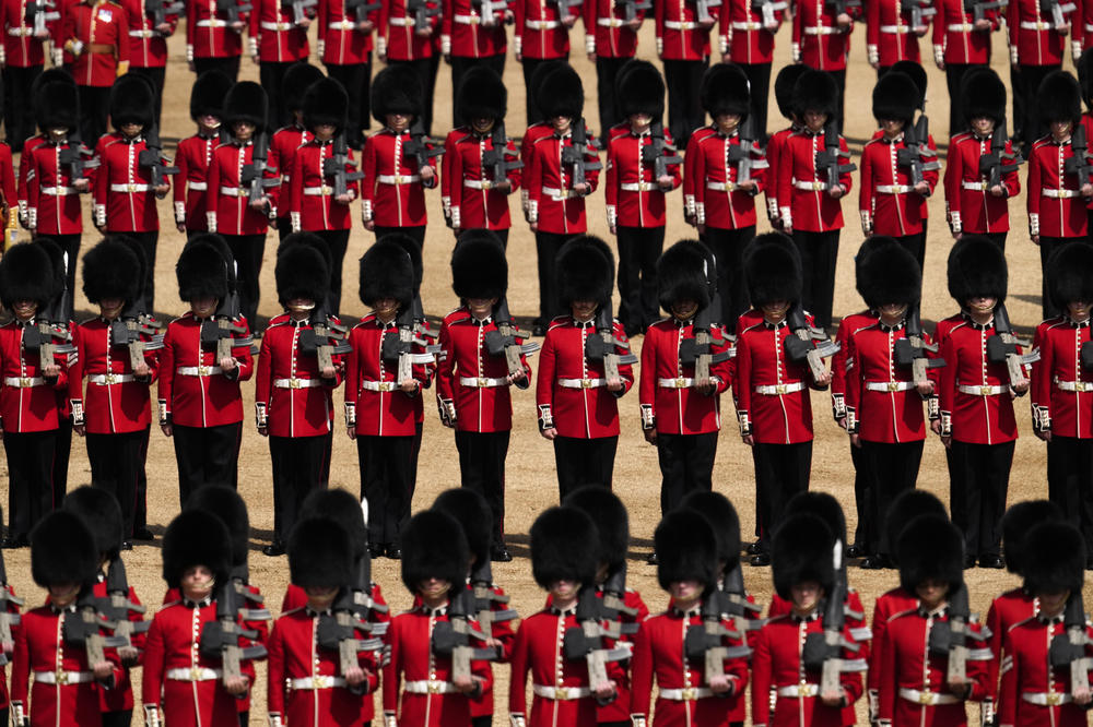 Members of the British Army's Household Division take part in the Trooping the Color parade in London.