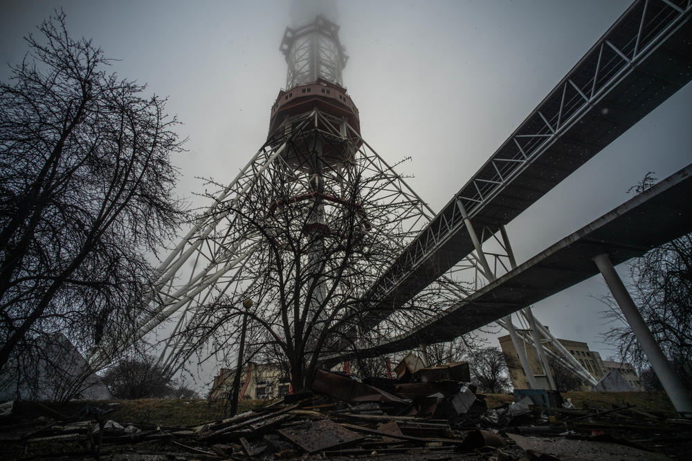 Debris and rubble after Russia strikes targeted the TV tower in Kyiv, capital city of Ukraine, on Thursday, March 3, 2022. It comes after Russia said it would strike communications infrastructure in the capital to stop information attacks.