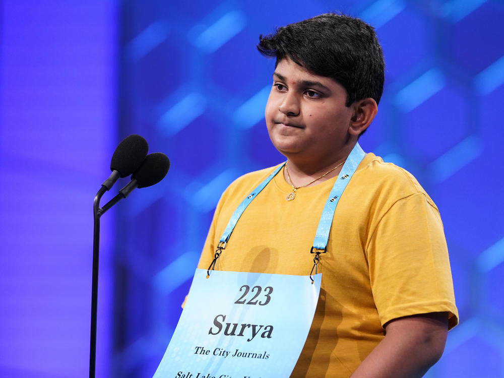Surya Kapu, 13, from South Jordan, Utah, competes during the Scripps National Spelling Bee on Wednesday in Oxon Hill, Md.