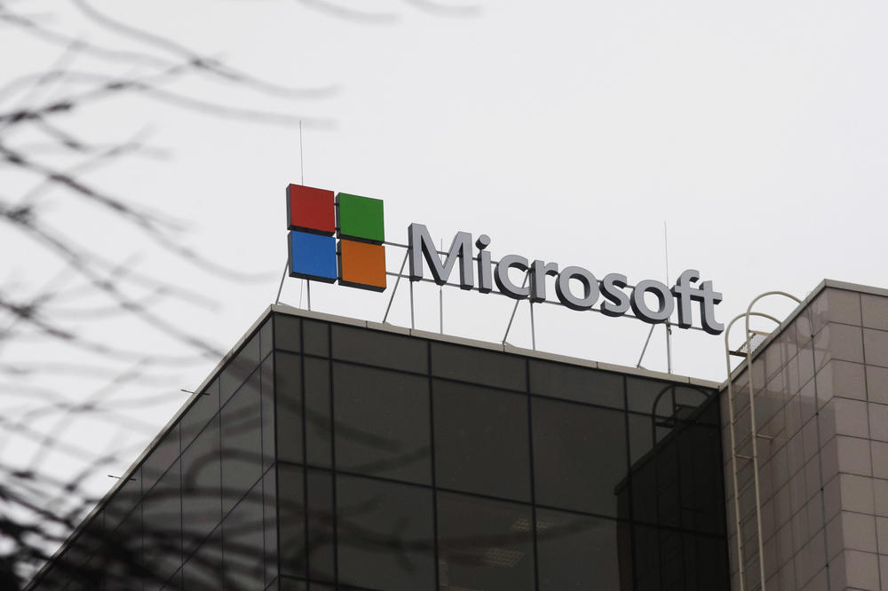 Microsoft Corporation logo is seen on a top of a building in Kyiv, Ukraine, on Jan. 31, 2022.