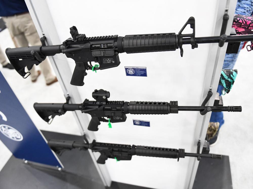 Smith & Wesson M&P15 semi-automatic rifles of the AR-15 style are displayed during the National Rifle Association (NRA) annual meeting at the George R. Brown Convention Center in Houston, Texas on May 28.