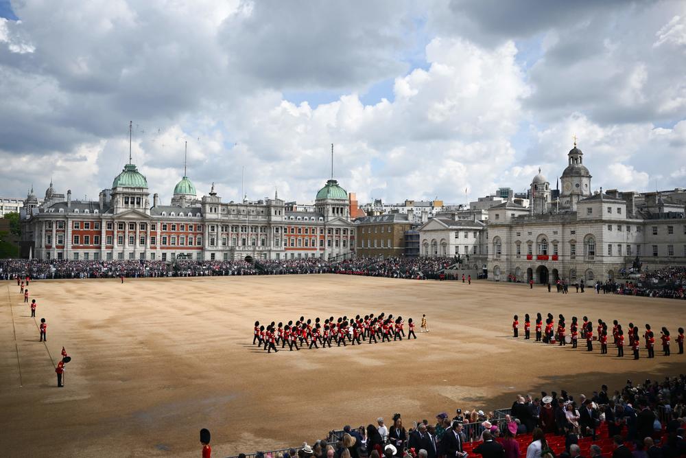 The British Army's Household Division Foot Guards march during the queen's birthday parade.