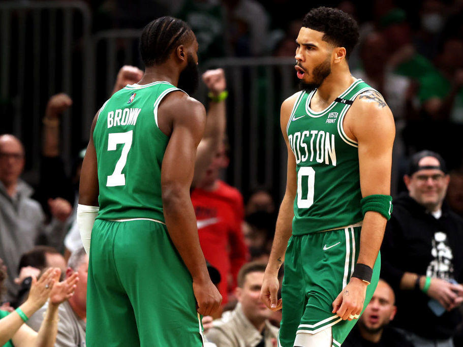 Jayson Tatum and Jaylen Brown celebrate during the Eastern Conference Semifinals against the Milwaukee Bucks.