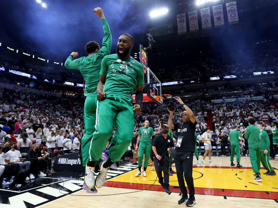 Jaylen Brown and Jayson Tatum of the Boston Celtics jump in the air prior to the start of the Eastern Conference Finals against the Miami Heat. The Celtics would win three of the four games played in Miami during the series.