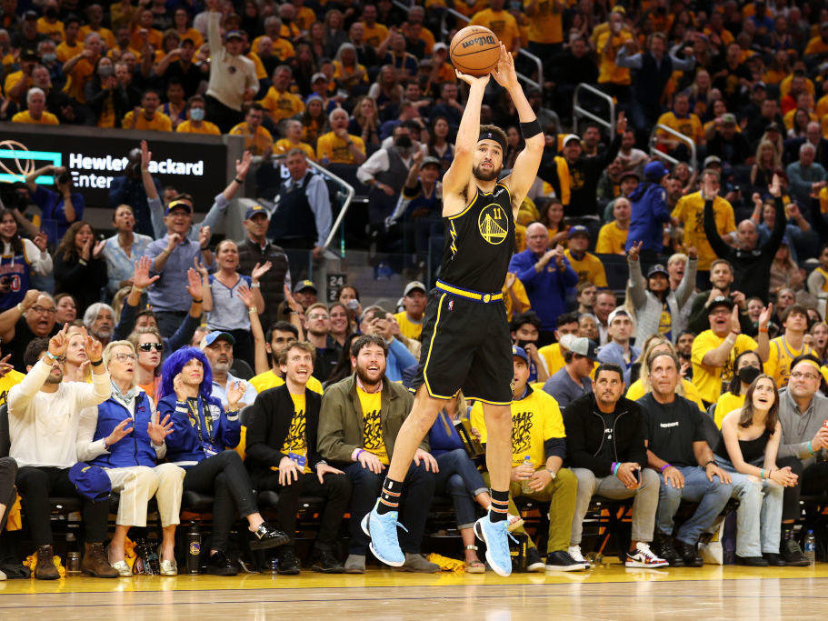 Klay Thompson of the Golden State Warriors shoots a three point basket against the Dallas Mavericks in the Western Conference Finals. Thompson returned to the Warriors this year after sitting out the past two seasons with knee and Achilles tendon injuries.