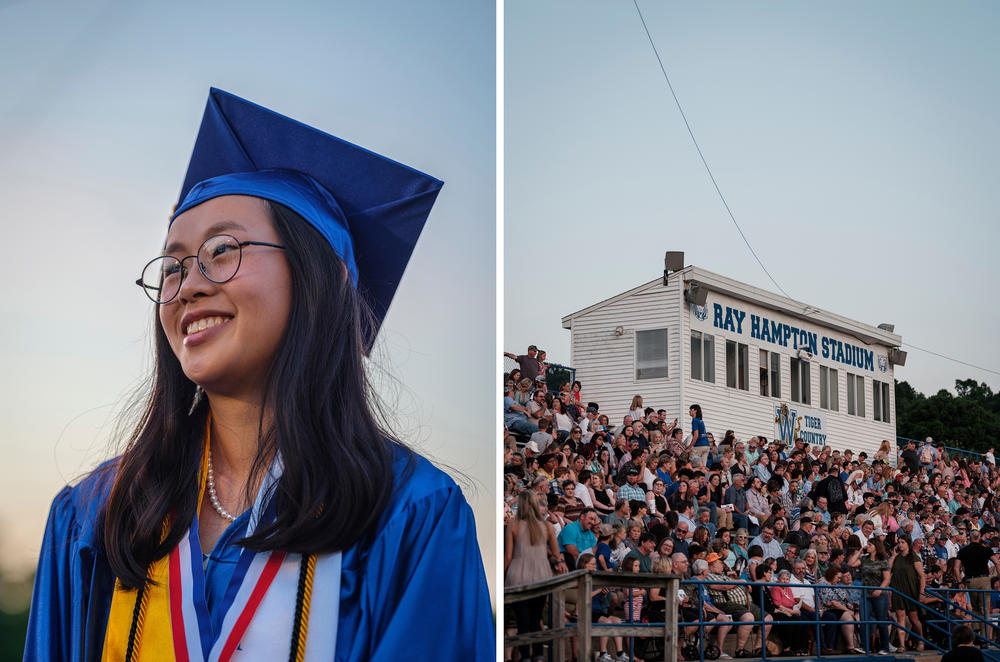 Left: Zoe at her graduation. Right; Family and friends pack into the bleachers during the Waverly Central High School graduation ceremony at Ray Hampton Stadium.